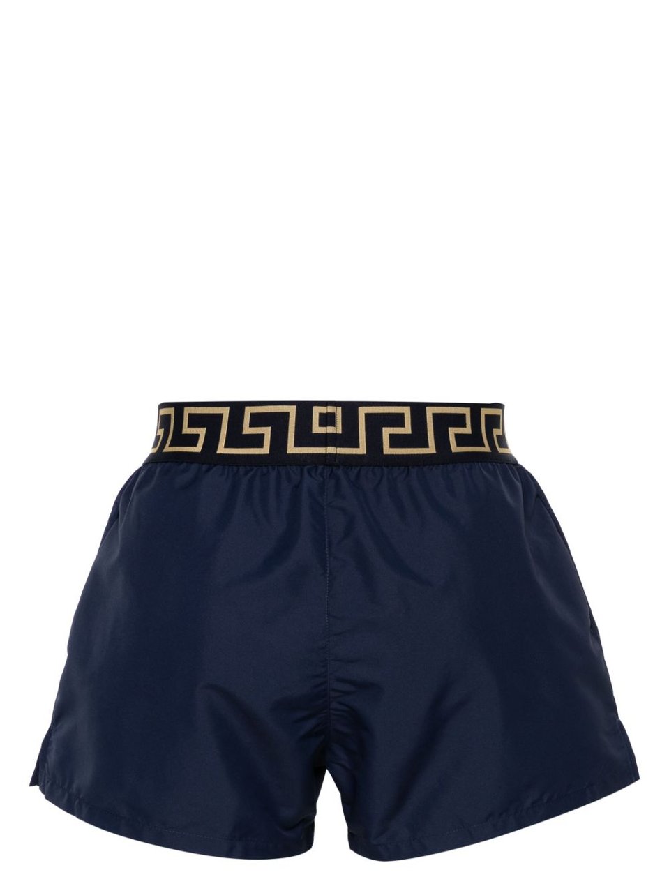 Versace Navy Silk-Nylon Swim Shorts With Greek Key Waistband Zwart