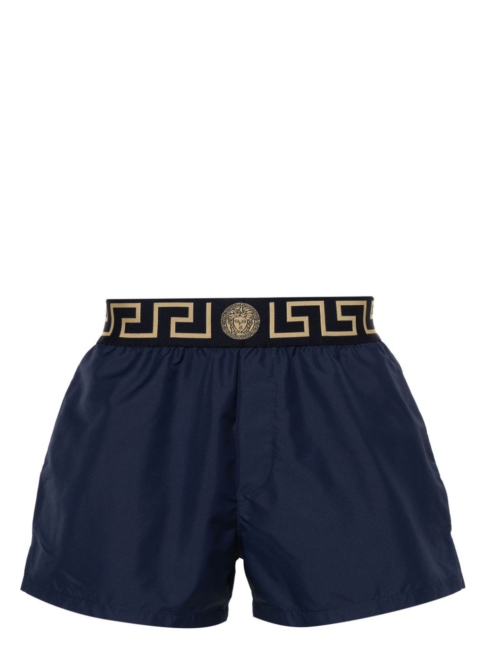 Versace Navy Silk-Nylon Swim Shorts With Greek Key Waistband Zwart