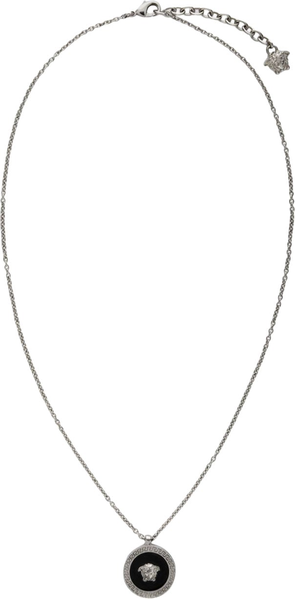 Versace Silver-Tone Chain Necklace With Greek Key Pendant Zilver