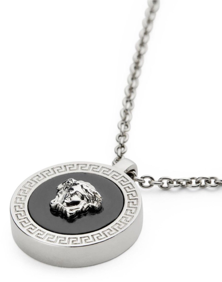 Versace Silver-Tone Chain Necklace With Greek Key Pendant Zilver
