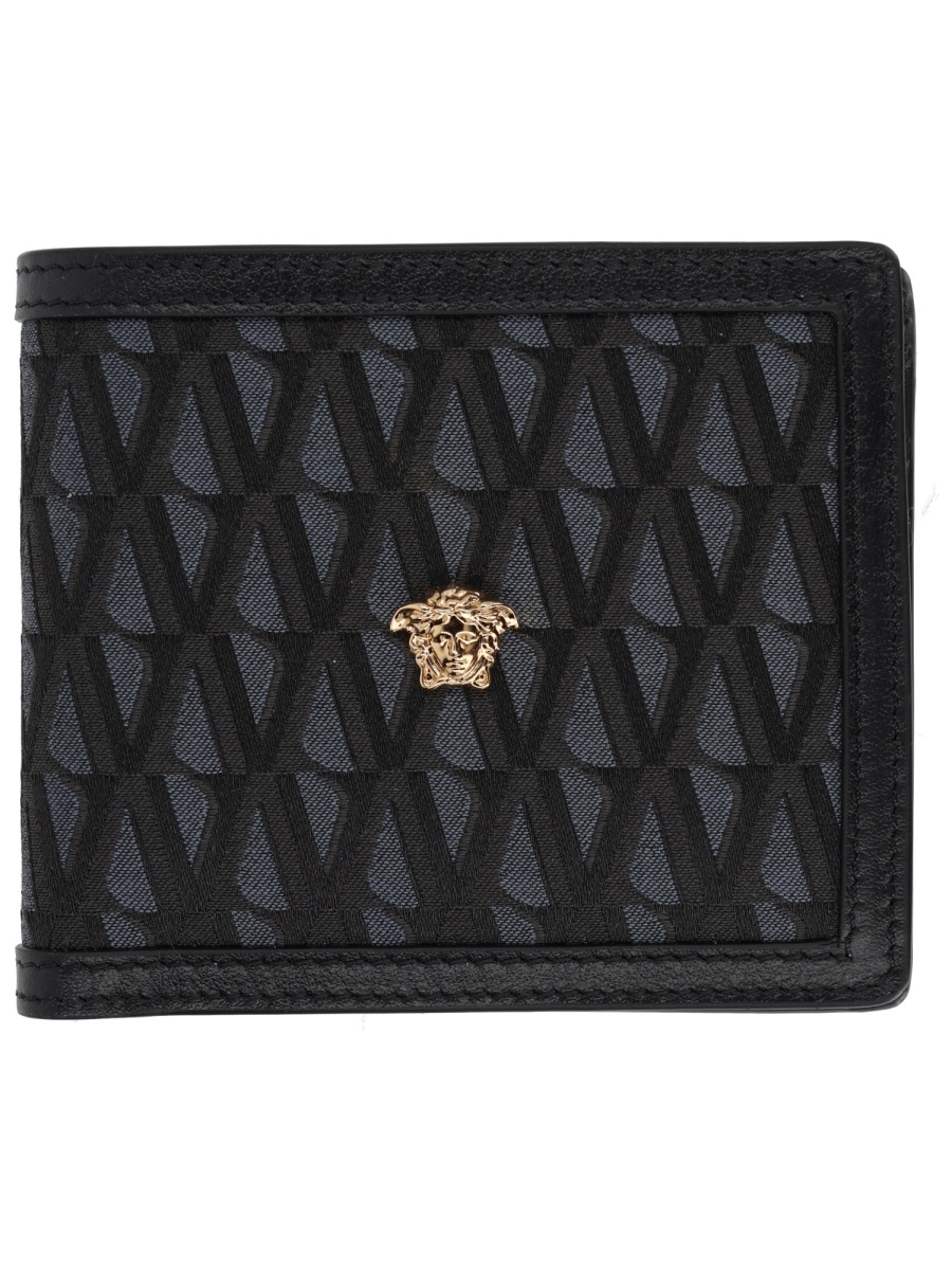Versace Textured Geometric Pattern Interlocking Wallet Zwart