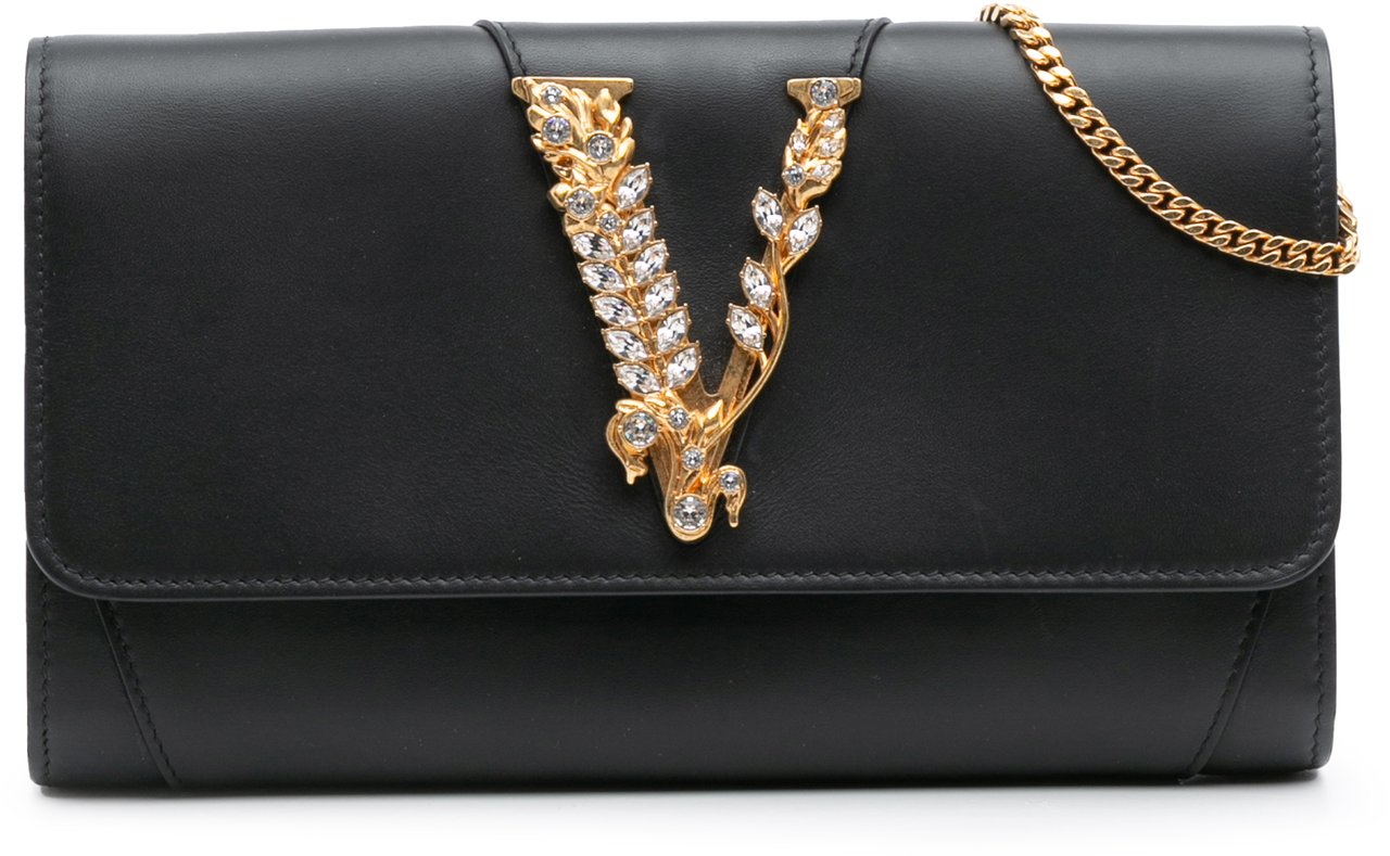 Versace Leather Crystal Virtus Chain Crossbody Zwart