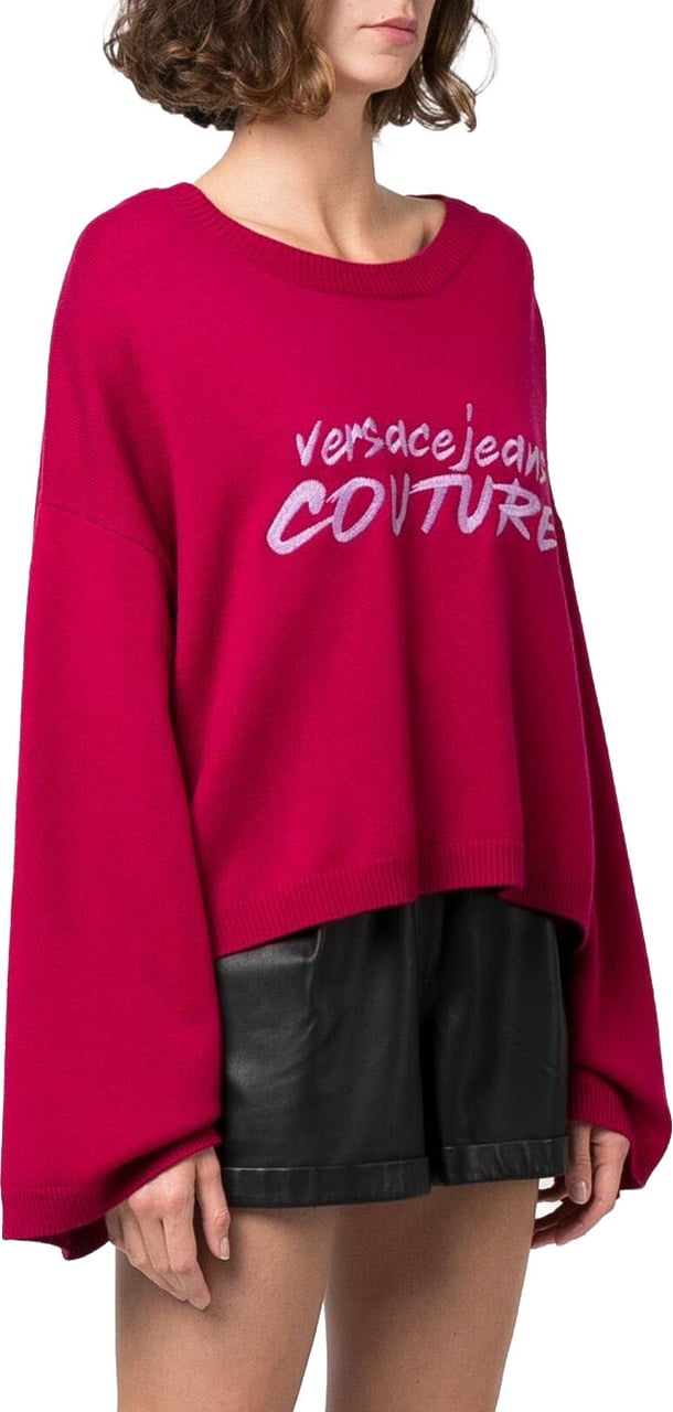 Versace Jeans Couture Embroidery Logo Relaxed Cropped Wool Sweater Rood