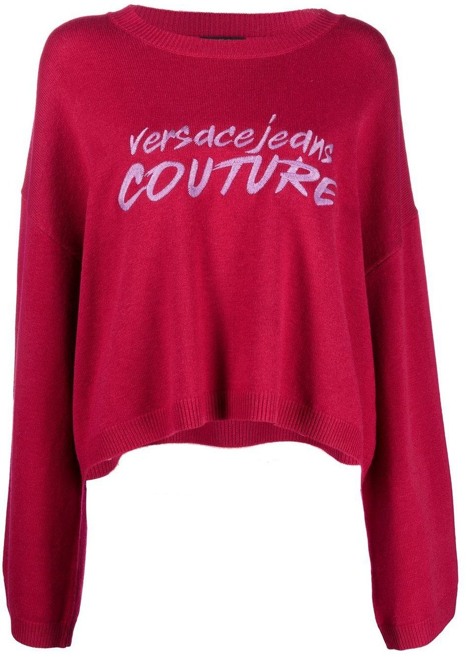 Versace Jeans Couture Embroidery Logo Relaxed Cropped Wool Sweater Rood