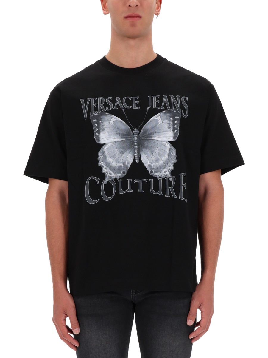 Versace Jeans Couture Black Butterfly Logo Printed T-Shirt Zwart