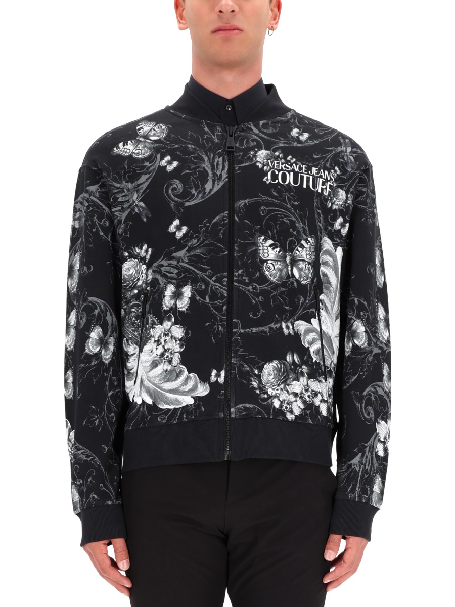 Versace Jeans Couture Floral Butterfly Cotton Fleece Bomber Jacket Zwart