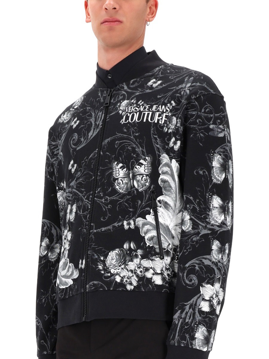 Versace Jeans Couture Floral Butterfly Cotton Fleece Bomber Jacket Zwart