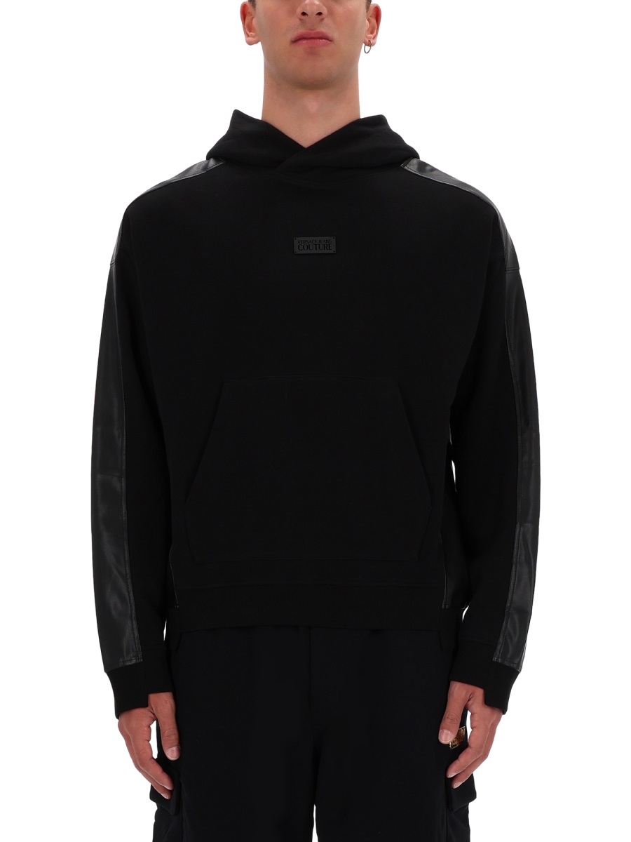 Versace Jeans Couture Black Leather Panels Hoodie Zwart