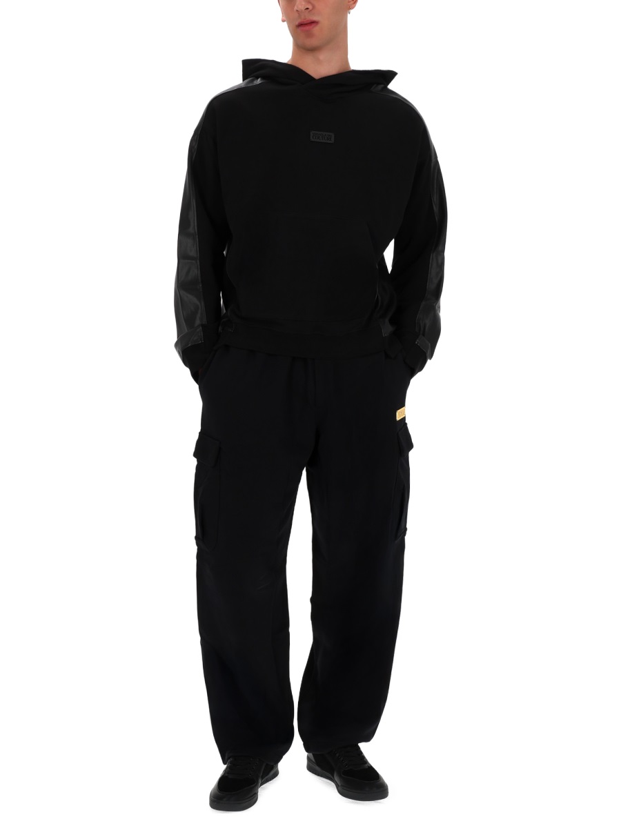 Versace Jeans Couture Black Leather Panels Hoodie Zwart