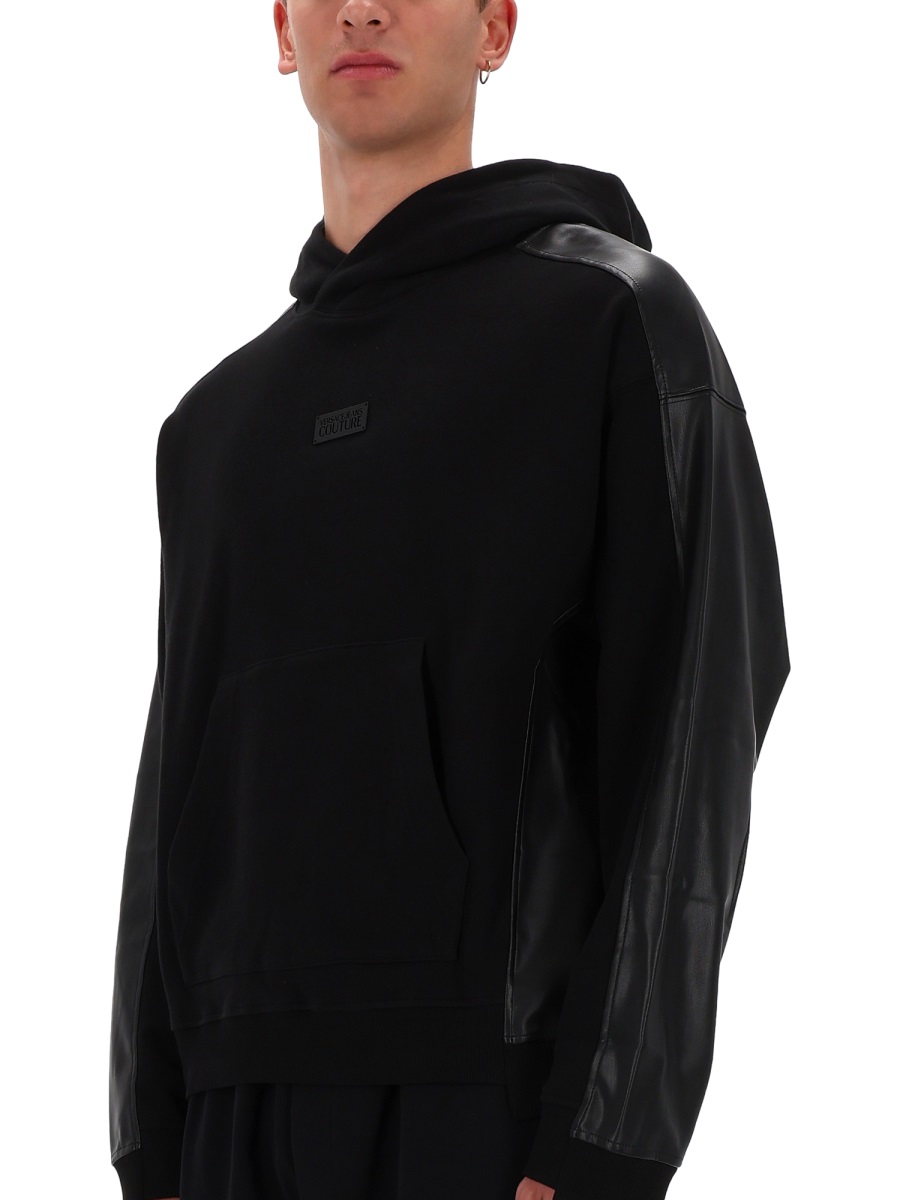 Versace Jeans Couture Black Leather Panels Hoodie Zwart