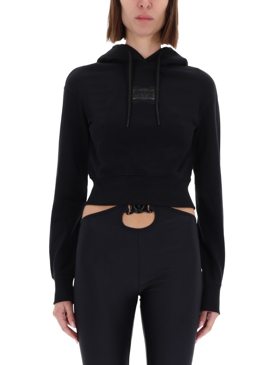 Versace Jeans Couture Black Cropped Hooded Sweatshirt Zwart