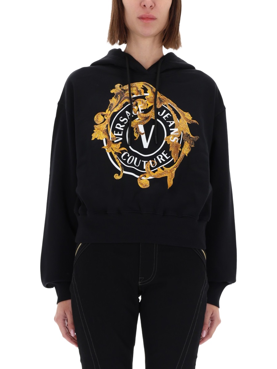 Versace Jeans Couture Black Baroque-Emblem Relaxed Sweatshirt Zwart