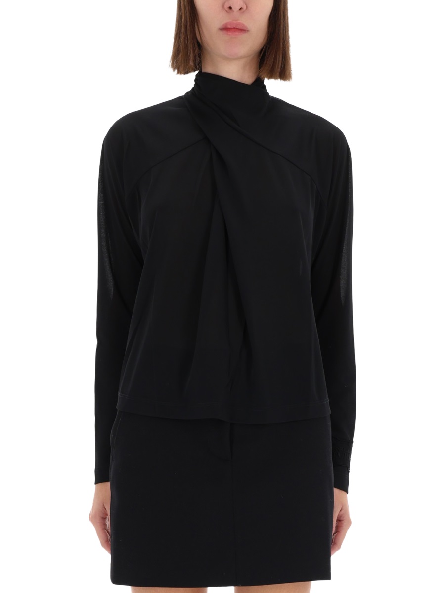Versace Jeans Couture Black Draped Collar Pleated Shirt Zwart