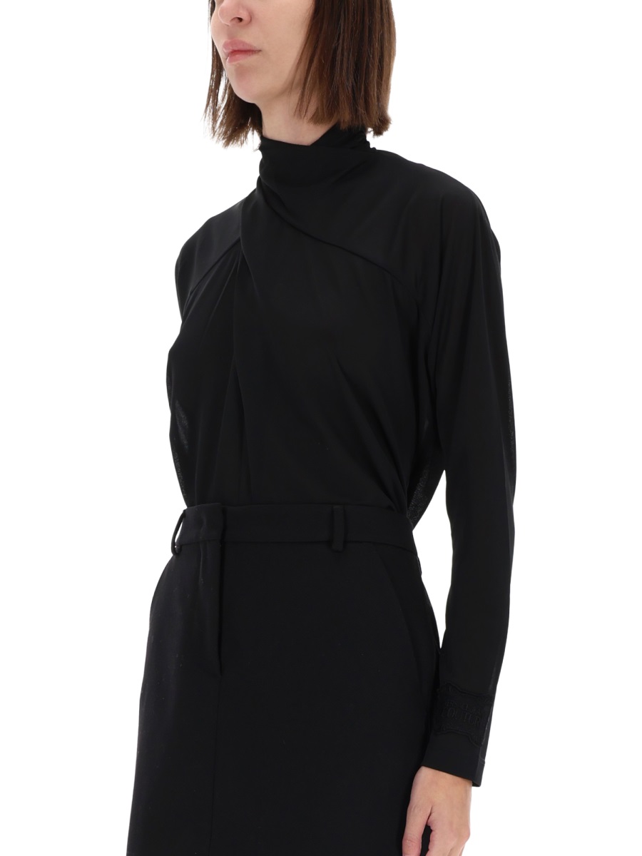Versace Jeans Couture Black Draped Collar Pleated Shirt Zwart