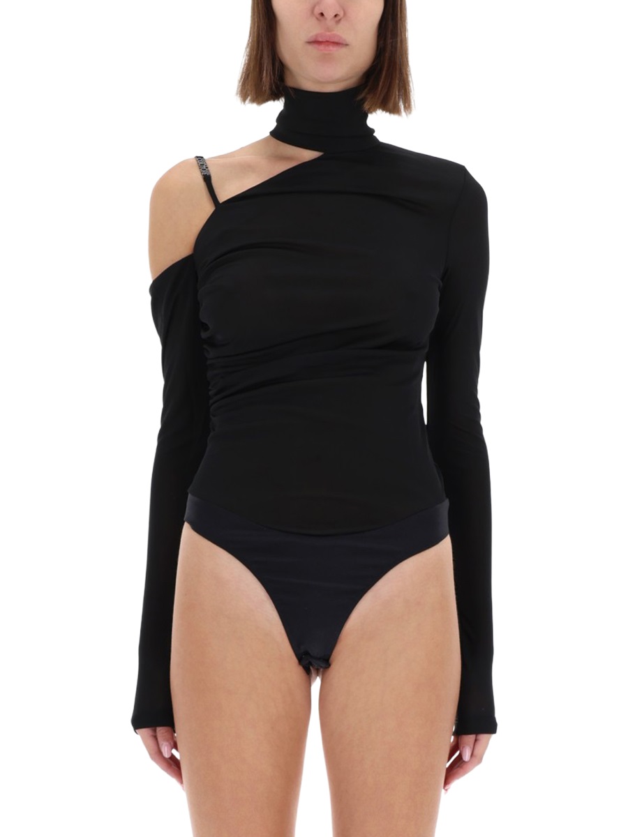 Versace Jeans Couture Black Asymmetrical One-Shoulder Bodysuit Zwart