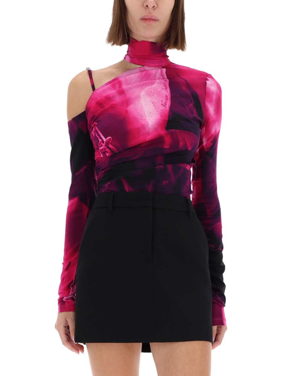 Versace Jeans Couture Pink One-Shoulder Abstract Bodysuit Bruin