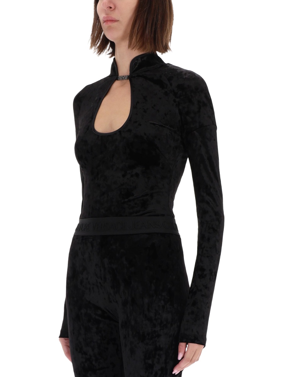Versace Jeans Couture Black Velvety Keyhole Long-Sleeved Top Zwart