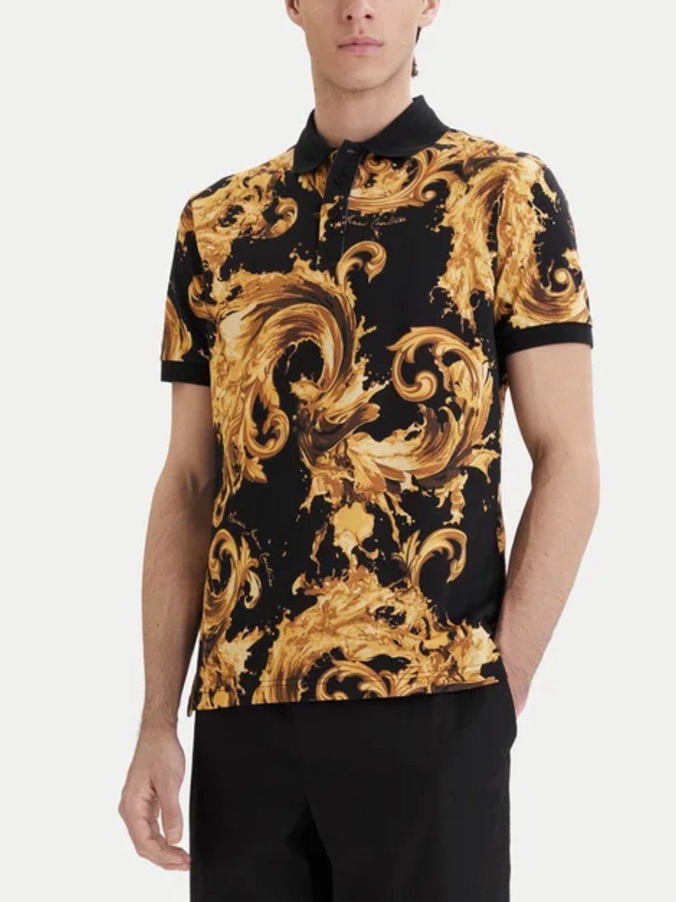 Versace Jeans Couture Black Cotton Gold Baroque Polo Shirt Zwart