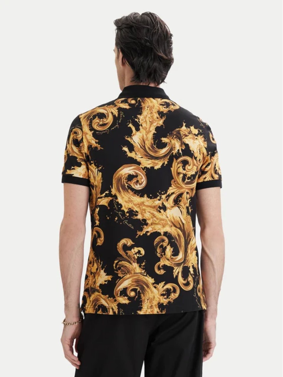Versace Jeans Couture Black Cotton Gold Baroque Polo Shirt Zwart