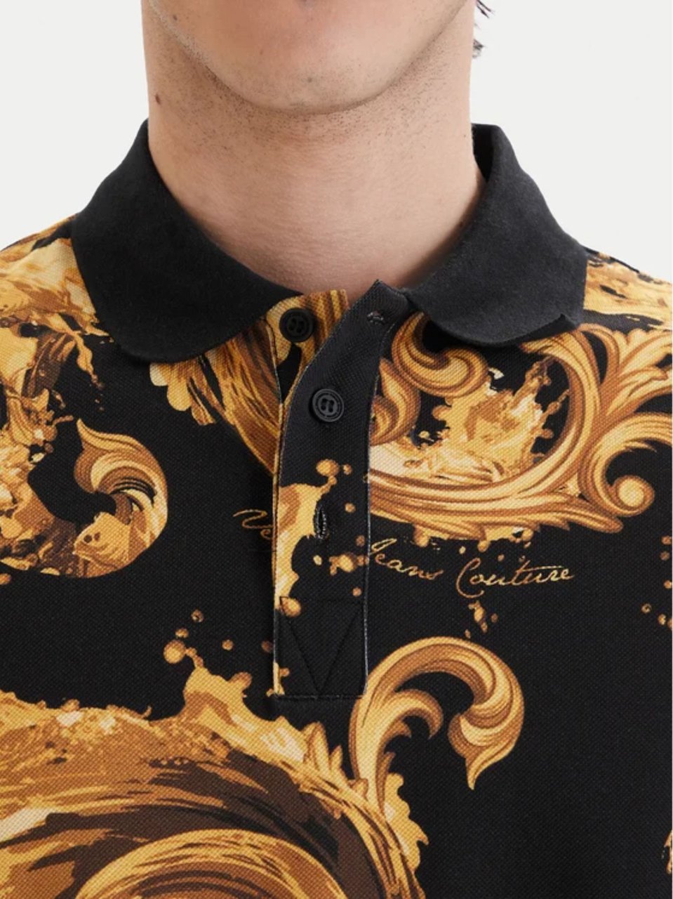 Versace Jeans Couture Black Cotton Gold Baroque Polo Shirt Zwart
