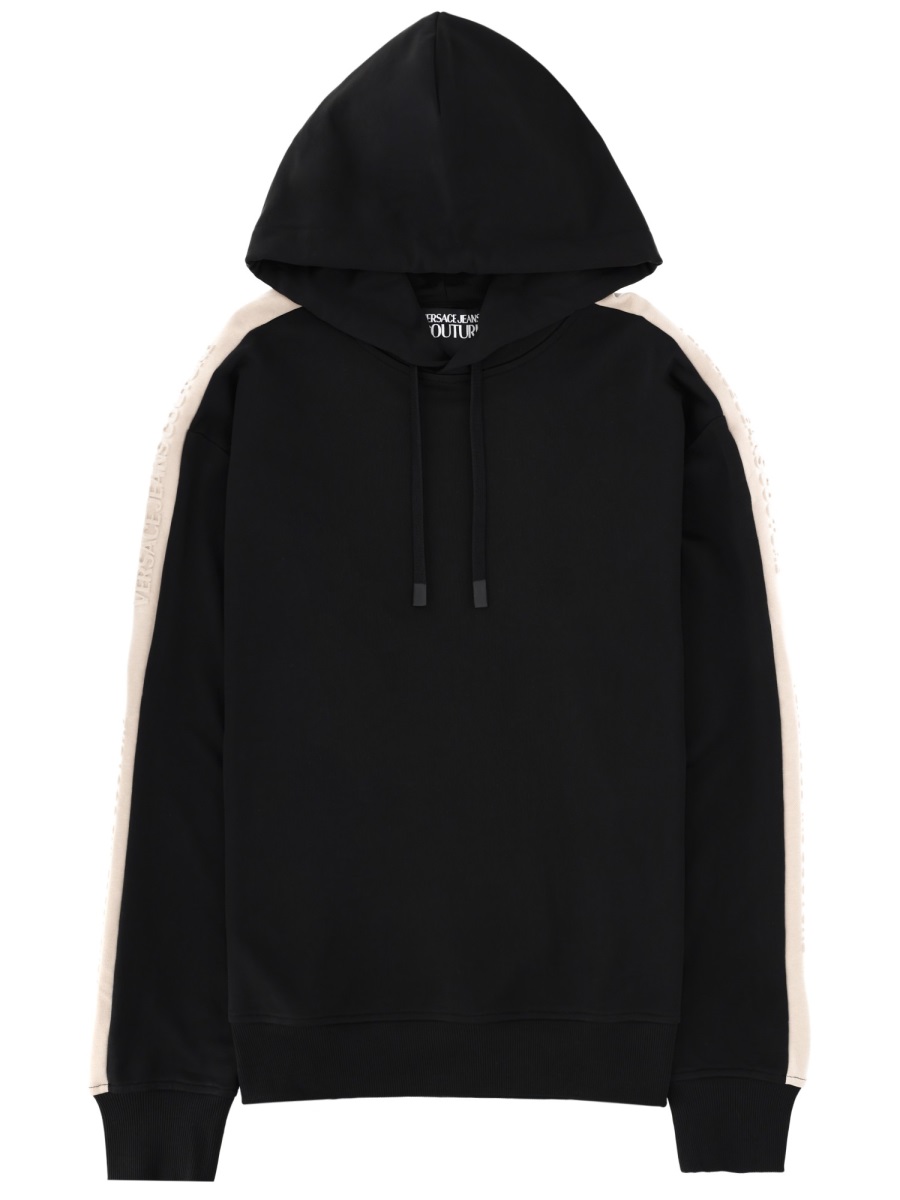 Versace Jeans Couture Black Sleeve Stripes Cotton Hoodie Zwart