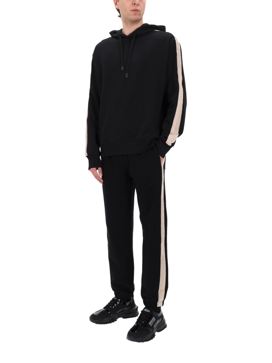 Versace Jeans Couture Black Sleeve Stripes Cotton Hoodie Zwart