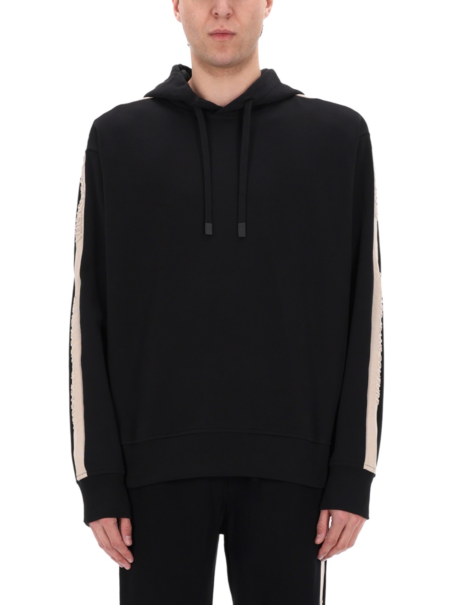 Versace Jeans Couture Black Sleeve Stripes Cotton Hoodie Zwart
