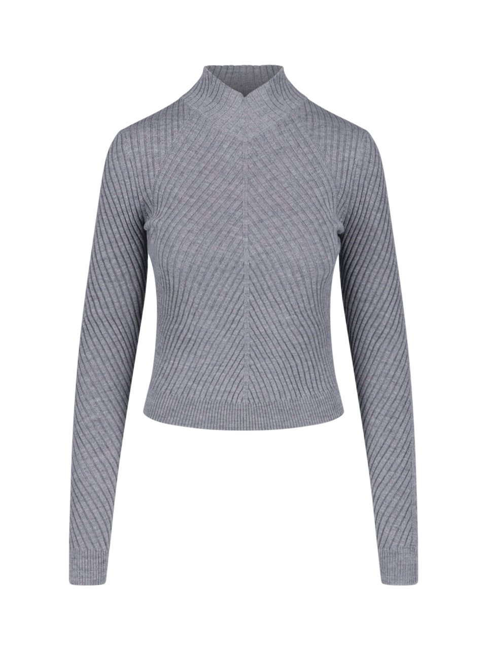 Victoria Beckham Fitted Ribbed Knit Sweater with Subtle V-Neckline Grijs
