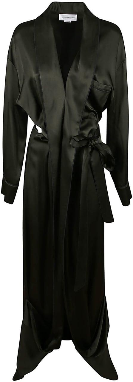 Victoria Beckham Satin-Wrap Gown With Cuffed Sleeves And V-Neckline Zwart