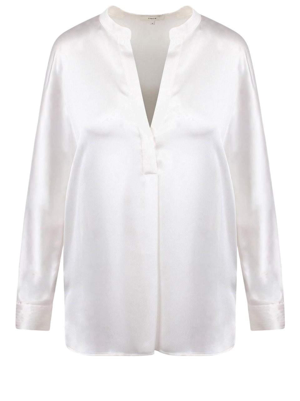 Vince Silk V-Neck Blouse with Mandarin Collar and Adjustable Cuffs Wit