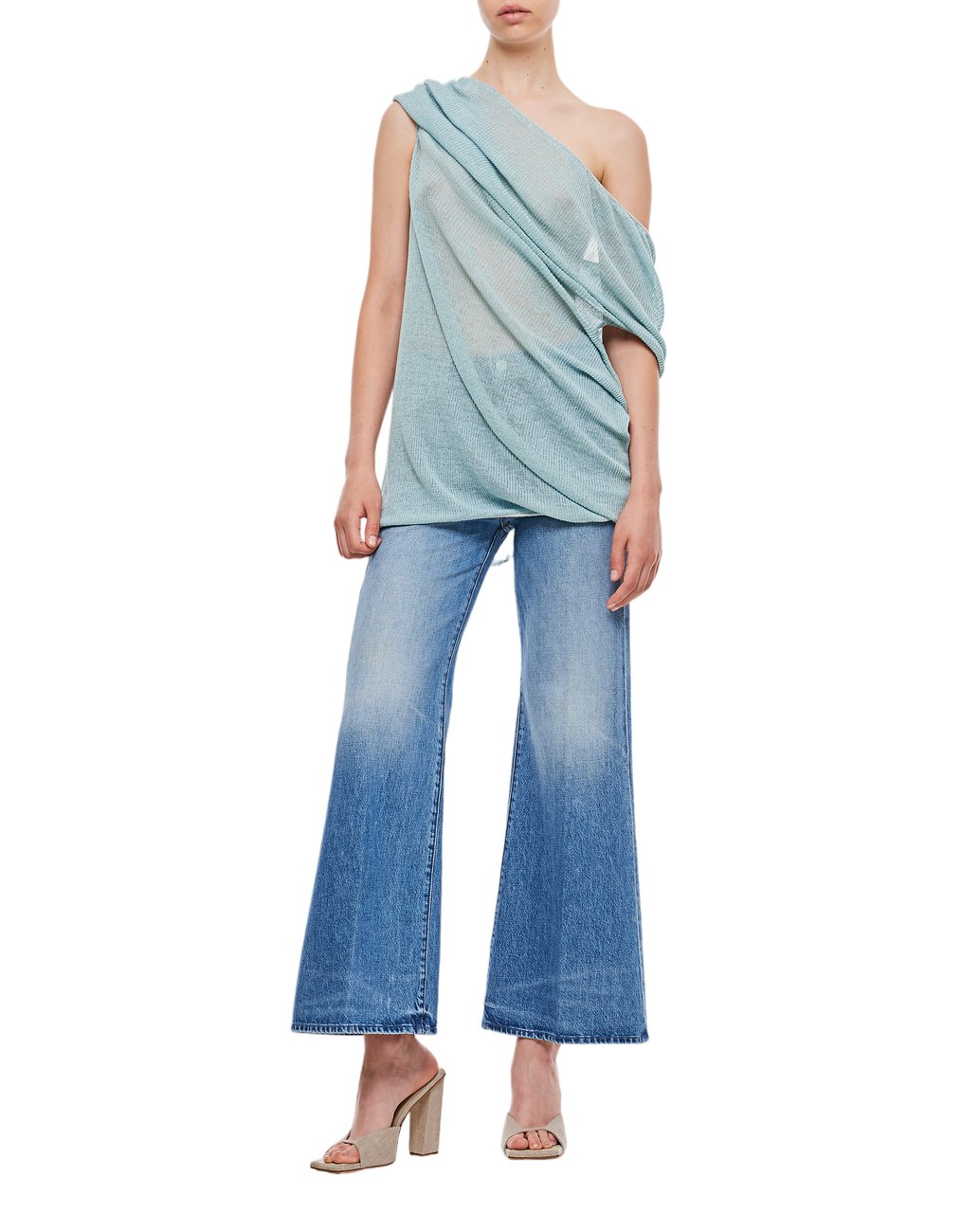 Vitelli Draped Neckline Sheer Linen Top with Asymmetrical Design Blauw