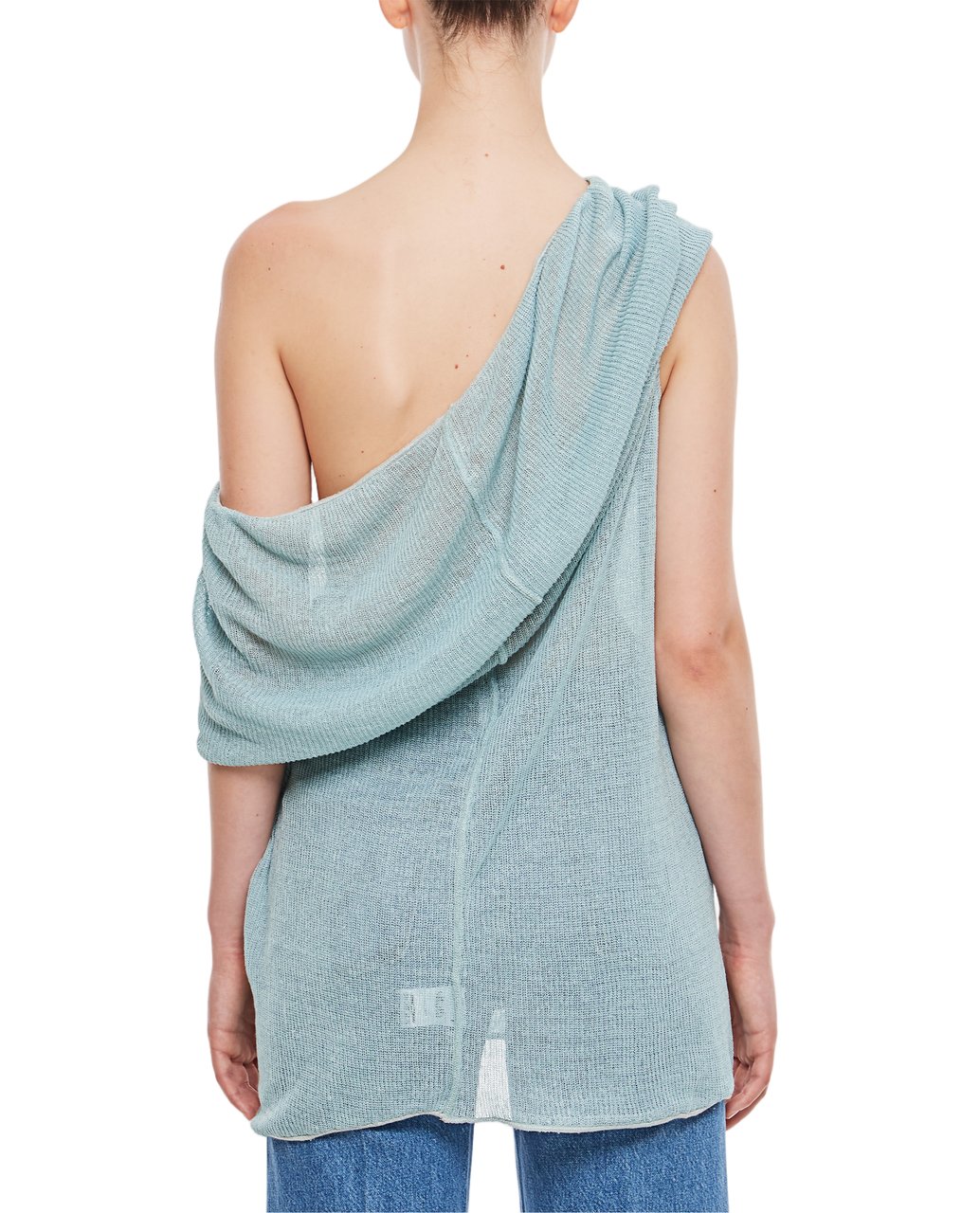 Vitelli Draped Neckline Sheer Linen Top with Asymmetrical Design Blauw