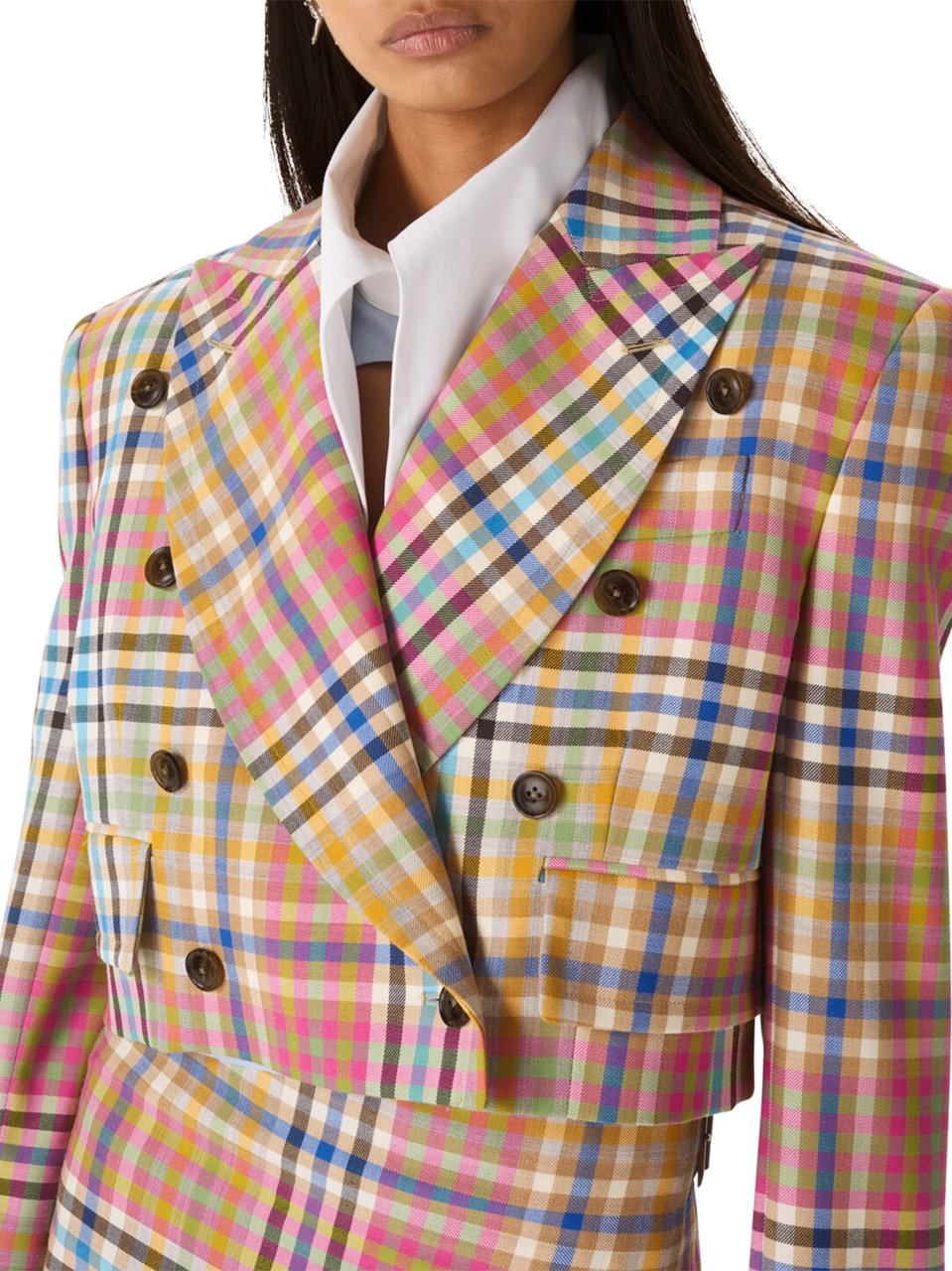 Vivienne Westwood Cropped Multicolor Plaid Jacket with Double-Breasted Front Grijs