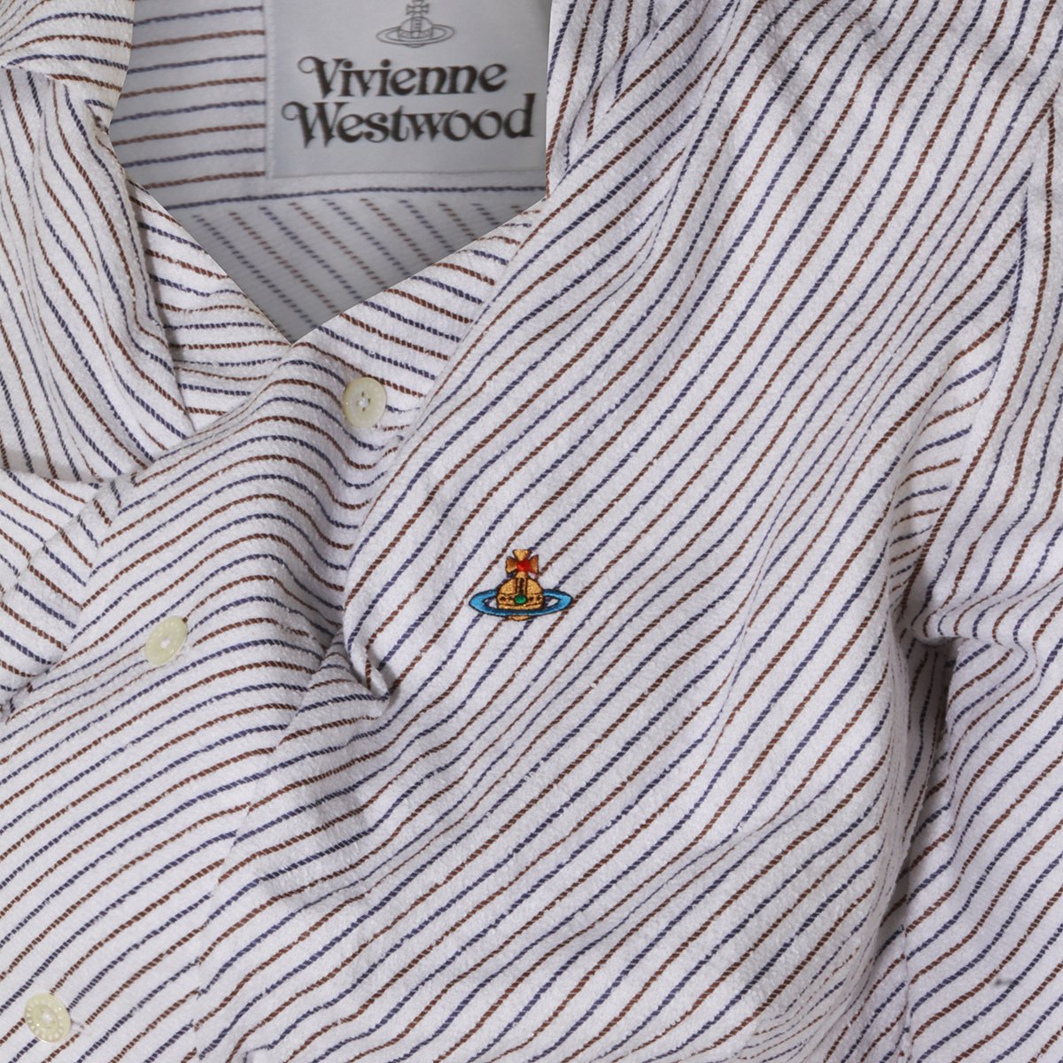 Vivienne Westwood Twisted Front Shirt with Diagonal Stripes and Classic Collar Wit