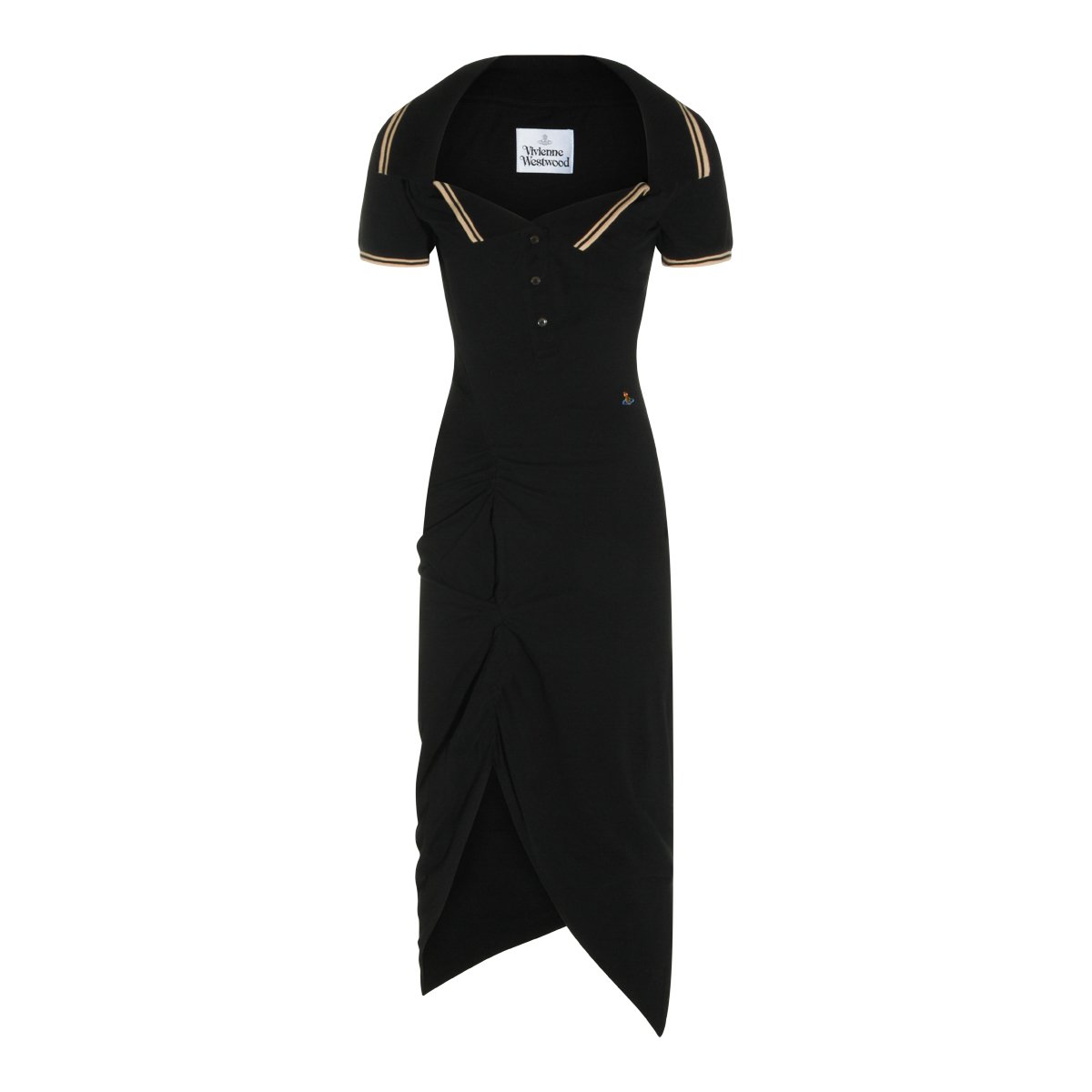 Vivienne Westwood Asymmetric Draped Black Cotton Midi Dress With Contrasting Collar Zwart