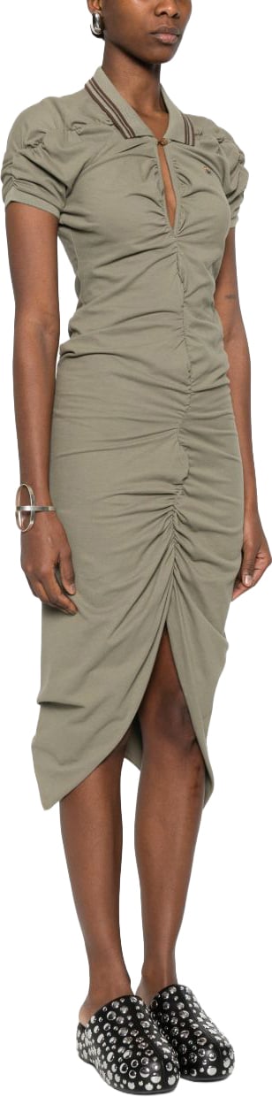 Vivienne Westwood Fitted Green Midi Dress With Ruched Detailing And Polo Collar Groen