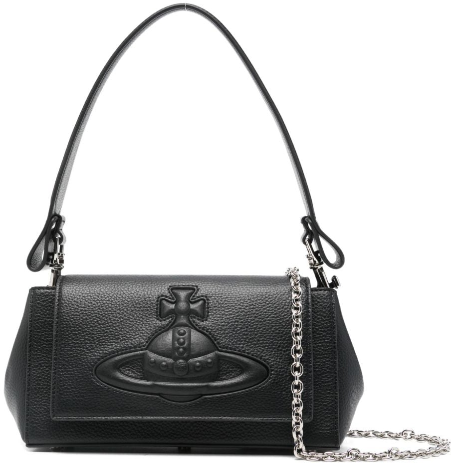 Vivienne Westwood Structured Black Handbag With Pebbled Texture And Silver Chain Strap Zwart