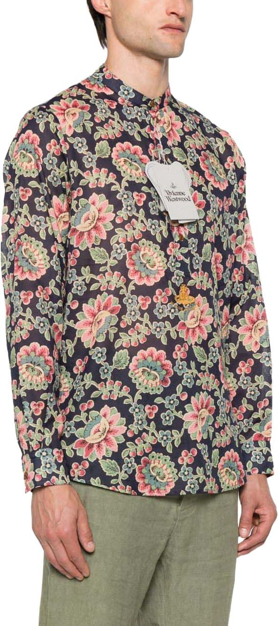 Vivienne Westwood Dark Blue Floral Print Mock Neck Shirt Grijs