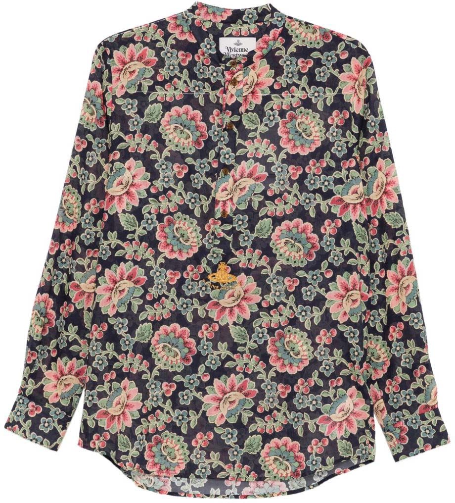 Vivienne Westwood Dark Blue Floral Print Mock Neck Shirt Grijs