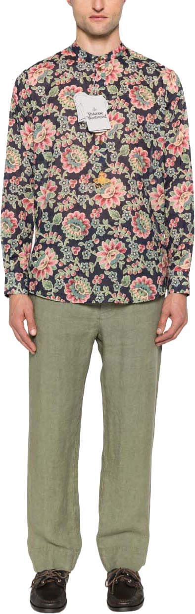 Vivienne Westwood Dark Blue Floral Print Mock Neck Shirt Grijs