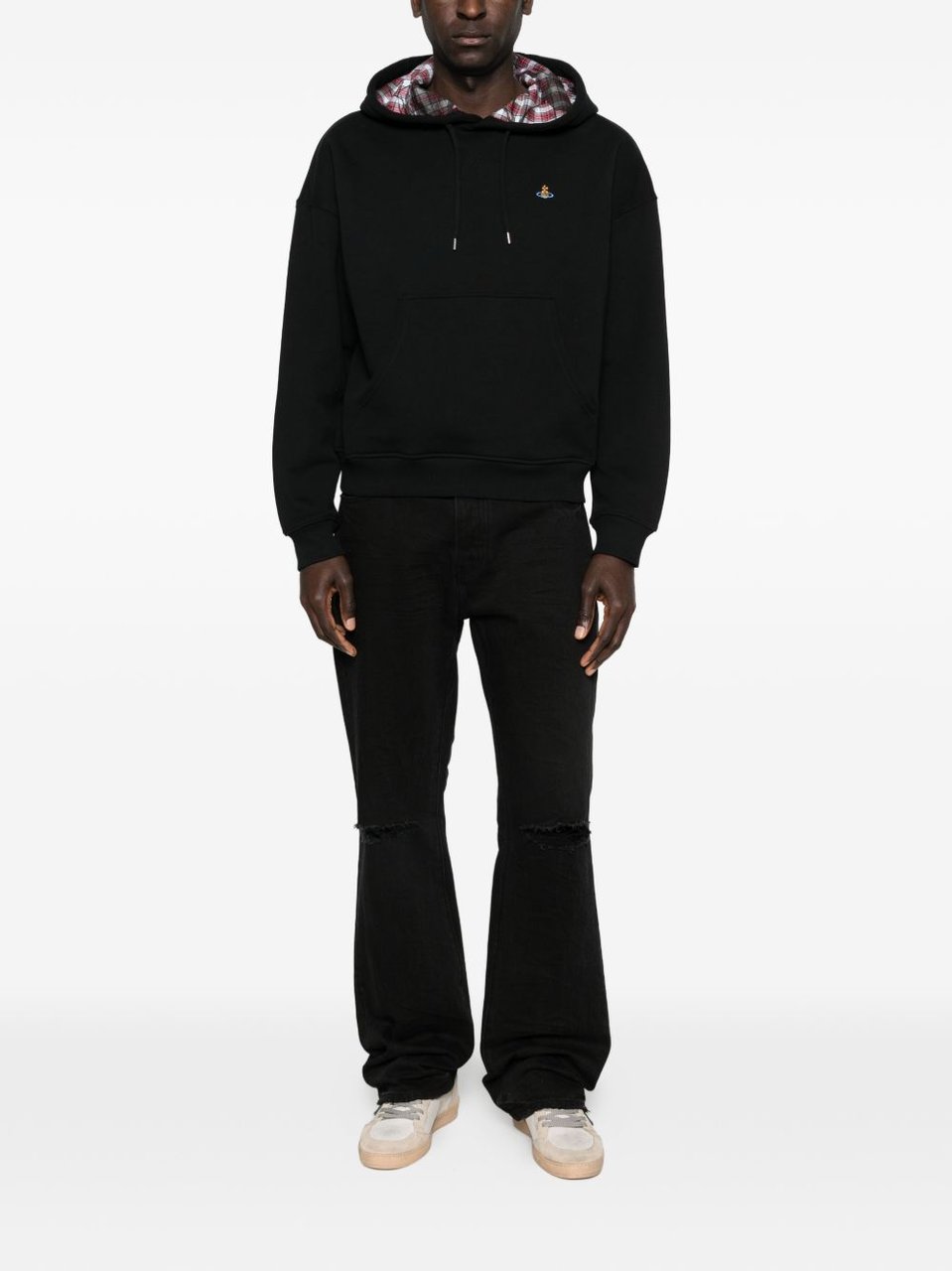 Vivienne Westwood Relaxed Fit Black Hoodie With Plaid Lined Hood Zwart