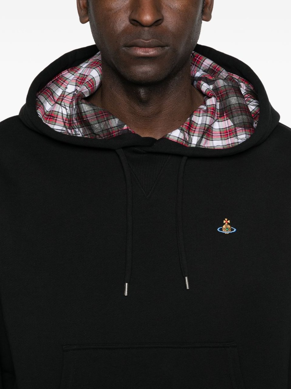 Vivienne Westwood Relaxed Fit Black Hoodie With Plaid Lined Hood Zwart