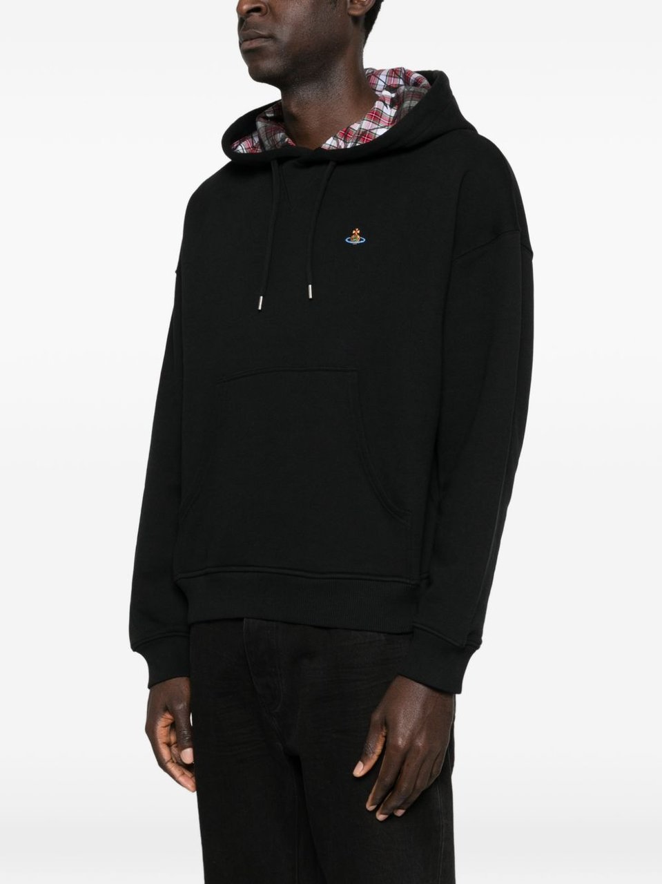 Vivienne Westwood Relaxed Fit Black Hoodie With Plaid Lined Hood Zwart