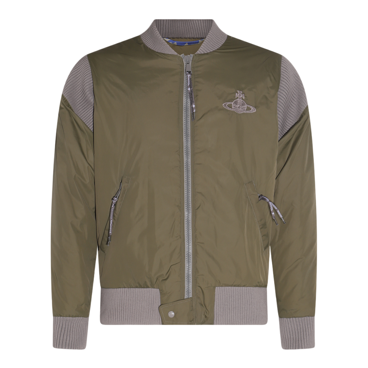 Vivienne Westwood Olive Green Bomber Jacket With Textured Panels And Contrasting Trim Grijs