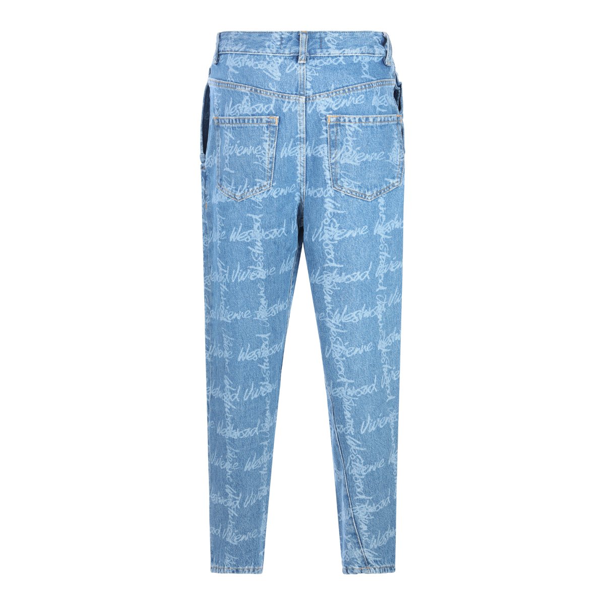 Vivienne Westwood Light Blue Denim Jeans with Signature Logo Print and Tapered Fit Blauw