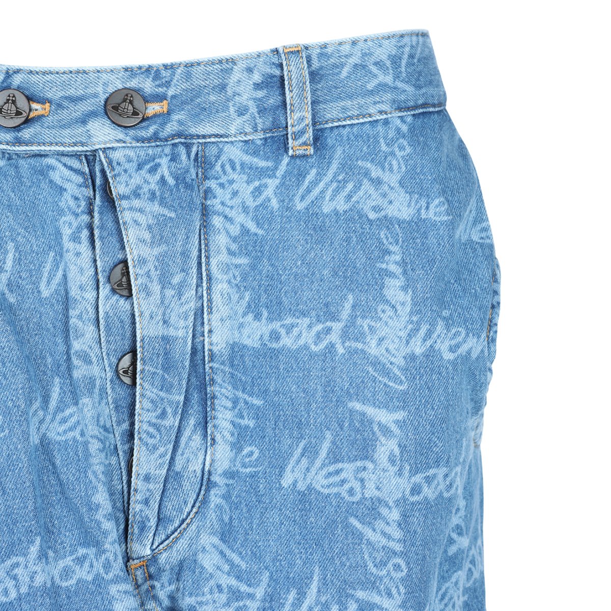 Vivienne Westwood Light Blue Denim Jeans with Signature Logo Print and Tapered Fit Blauw
