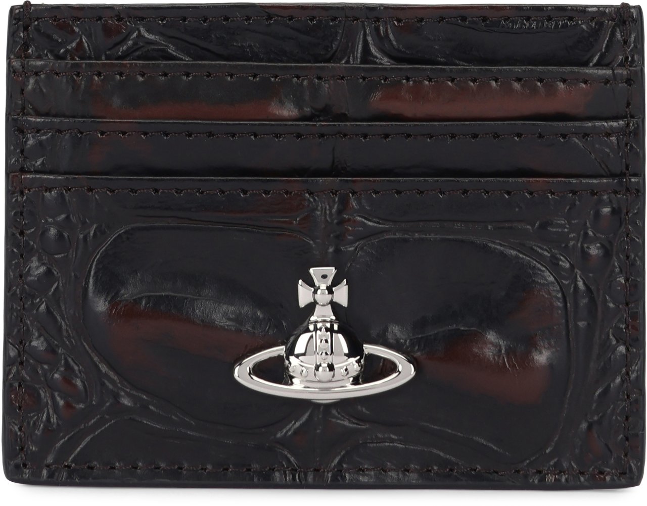 Vivienne Westwood Leather Card Holder with Metallic Logo Bruin