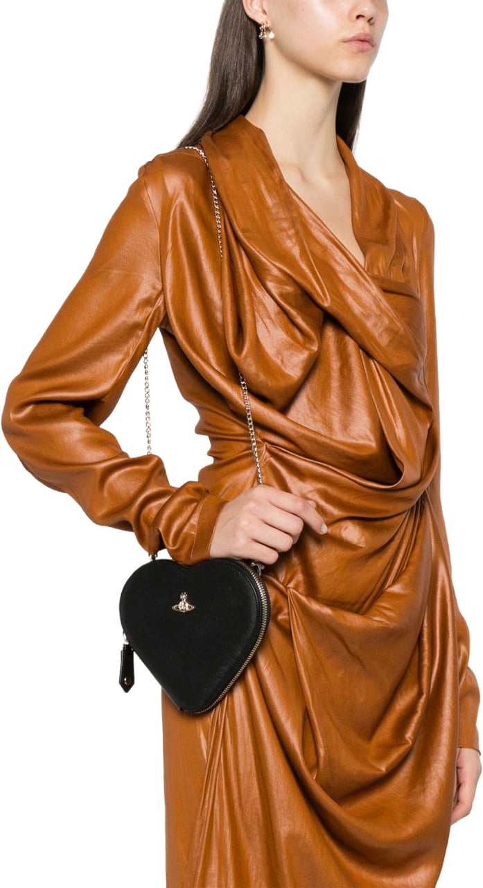 Vivienne Westwood Black Calf Leather Heart Zip Shoulder Bag Zwart