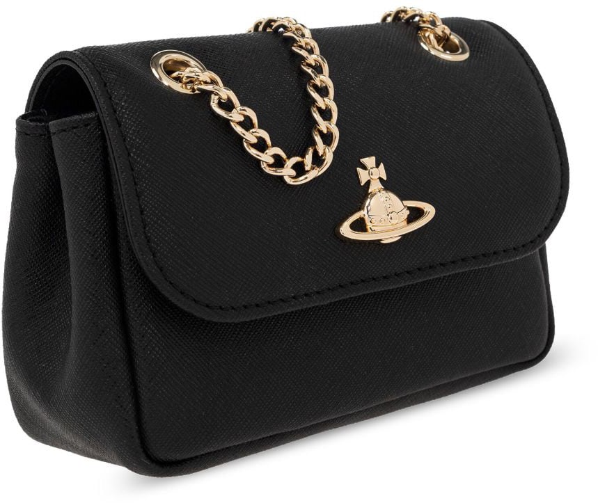 Vivienne Westwood Textured Black Leather Shoulder Bag with Gold-tone Orb Emblem Zwart