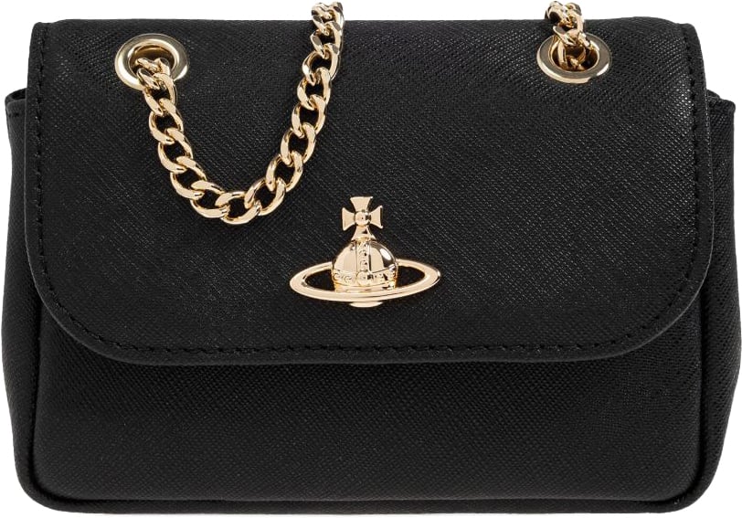 Vivienne Westwood Textured Black Leather Shoulder Bag with Gold-tone Orb Emblem Zwart